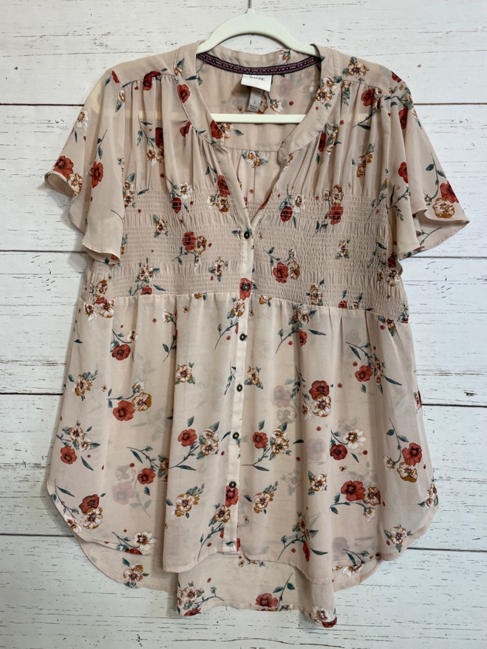 Knox Rose Flutter- Sleeved Smocked Floral Blouse, size L